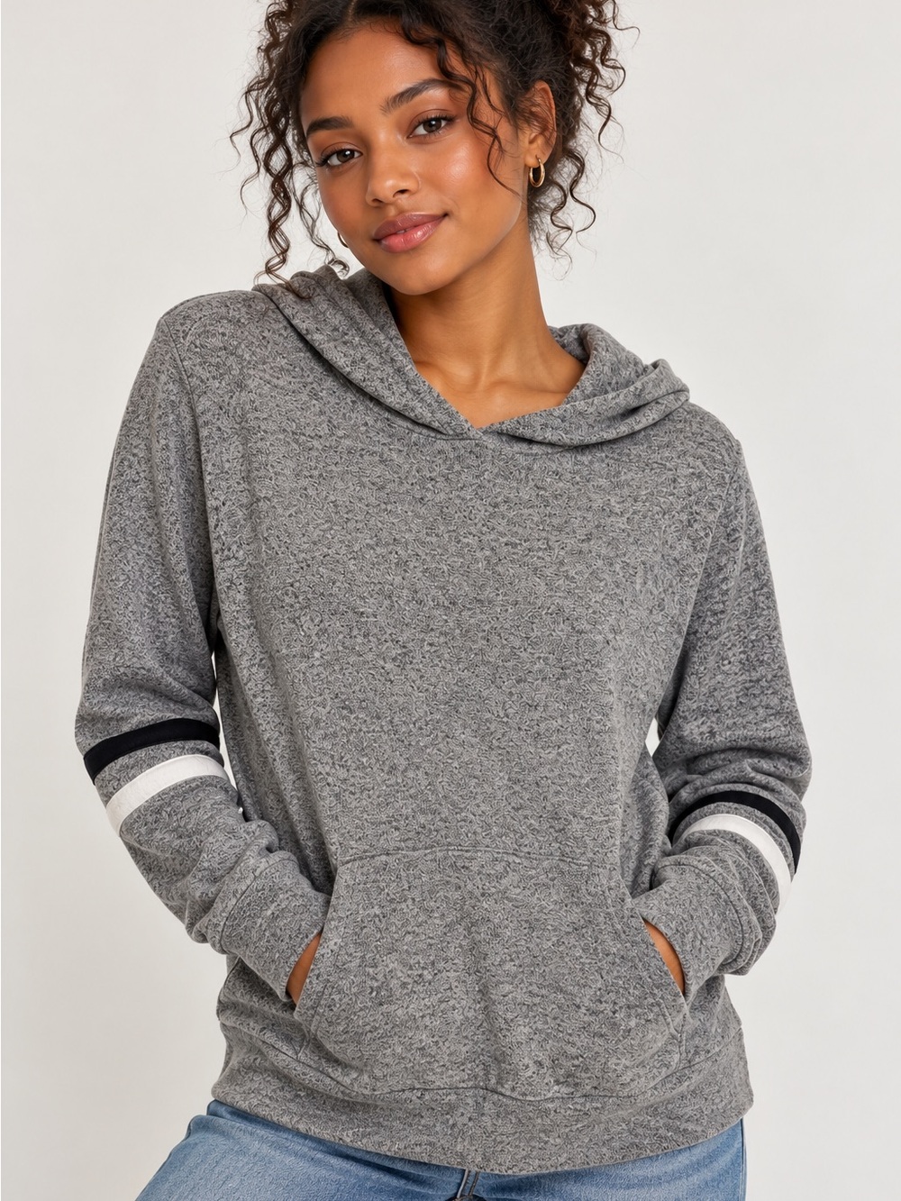 Old Navy Girls XL 14 Gray Marled Hoodie Black White Striped Sleeve Pullover